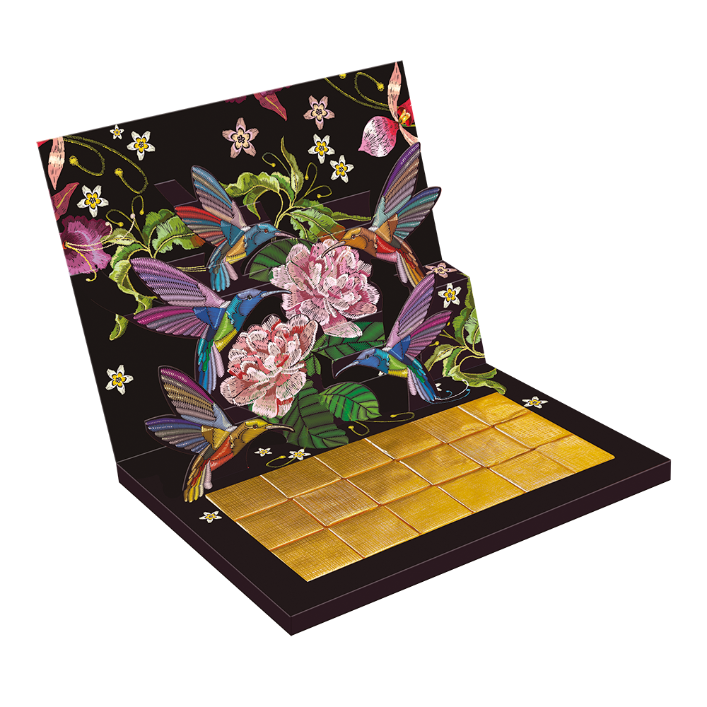 LA chocolacards avec 18 chocolats belges, modèle "Colibris"